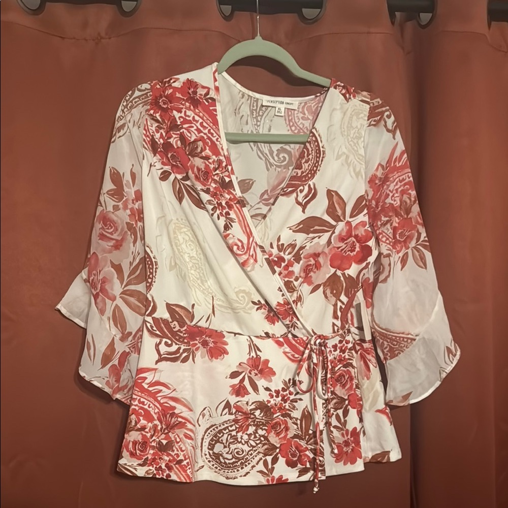 PerSeption Concept White Cream Bell Sleeve Wrap Top